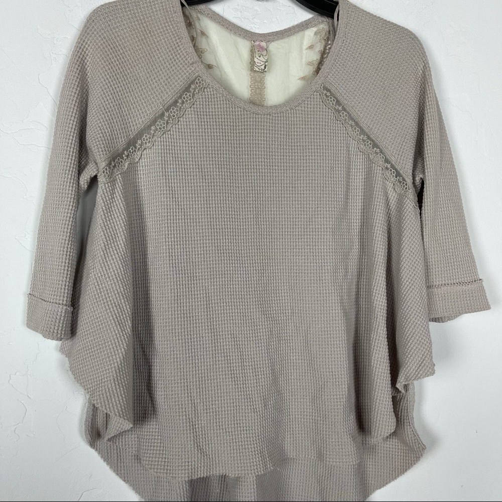 Free People‎ Shirt Waffle Knit Henley Top Lace Tan - Picture 3 of 8